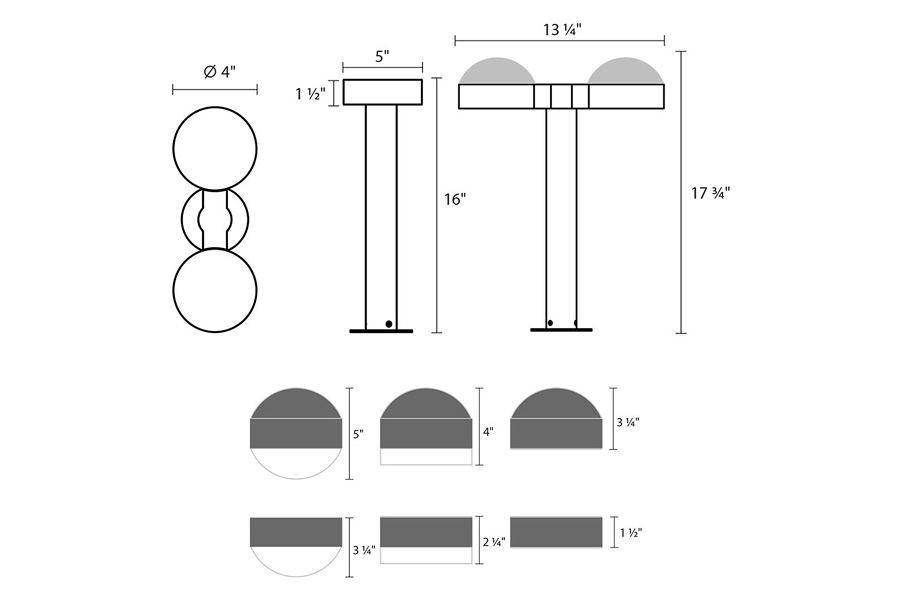 Sonneman REALS LED Double Bollard - Textured Gray, 16", Dome Caps and White Cylinder Lenses
