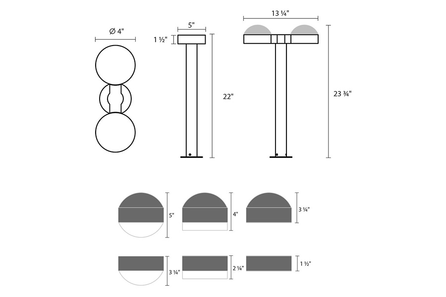 Sonneman REALS LED Double Bollard - Textured Gray, 22", Plate Caps and Clear Cylinder Lenses