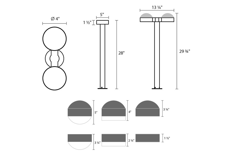 Sonneman REALS LED Double Bollard - Textured Gray, 28", Dome Caps and Clear Cylinder Lenses