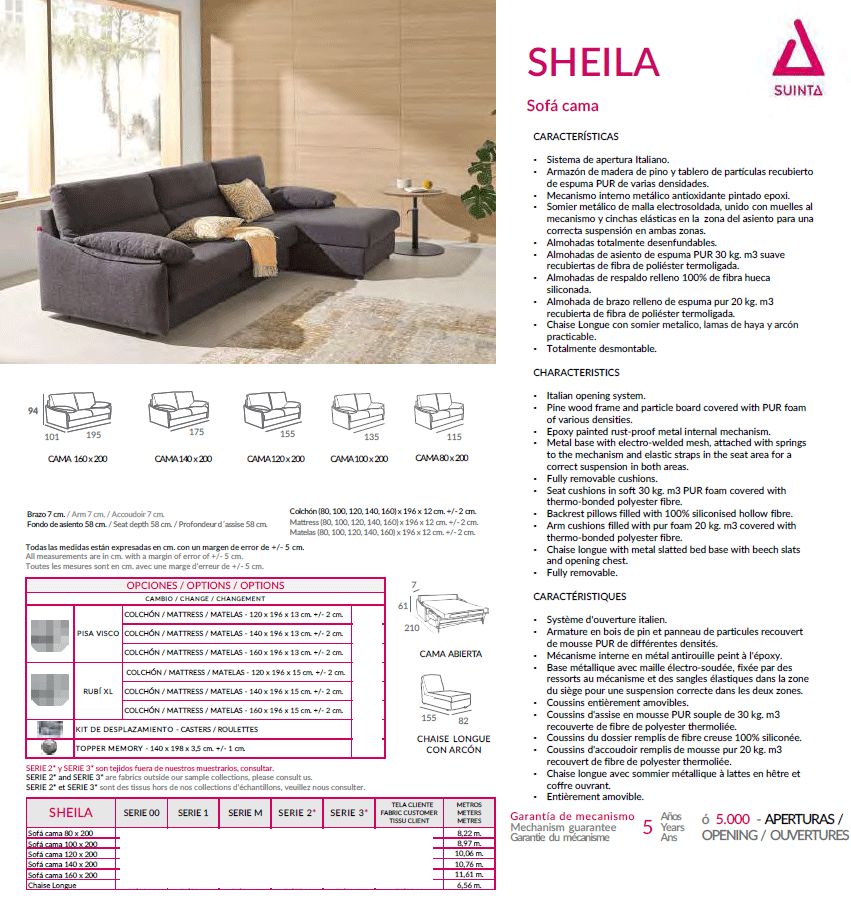 Suinta - Sheila Convertible Sofa Bed with Chaise in Fabric, 140x200cm