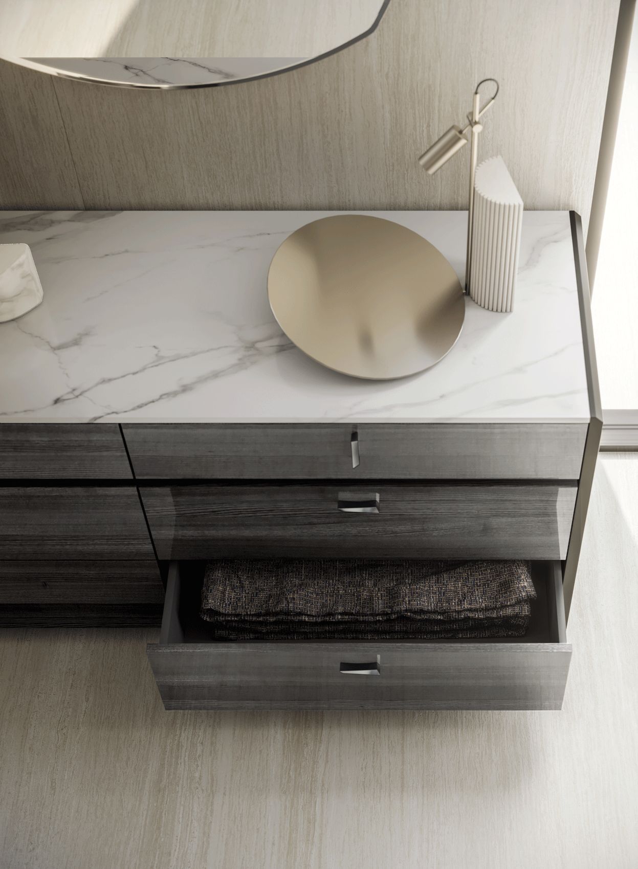 Tomasella - Vulcano 6-Drawer Double Dresser in Gray Oak/High Gloss, Wood