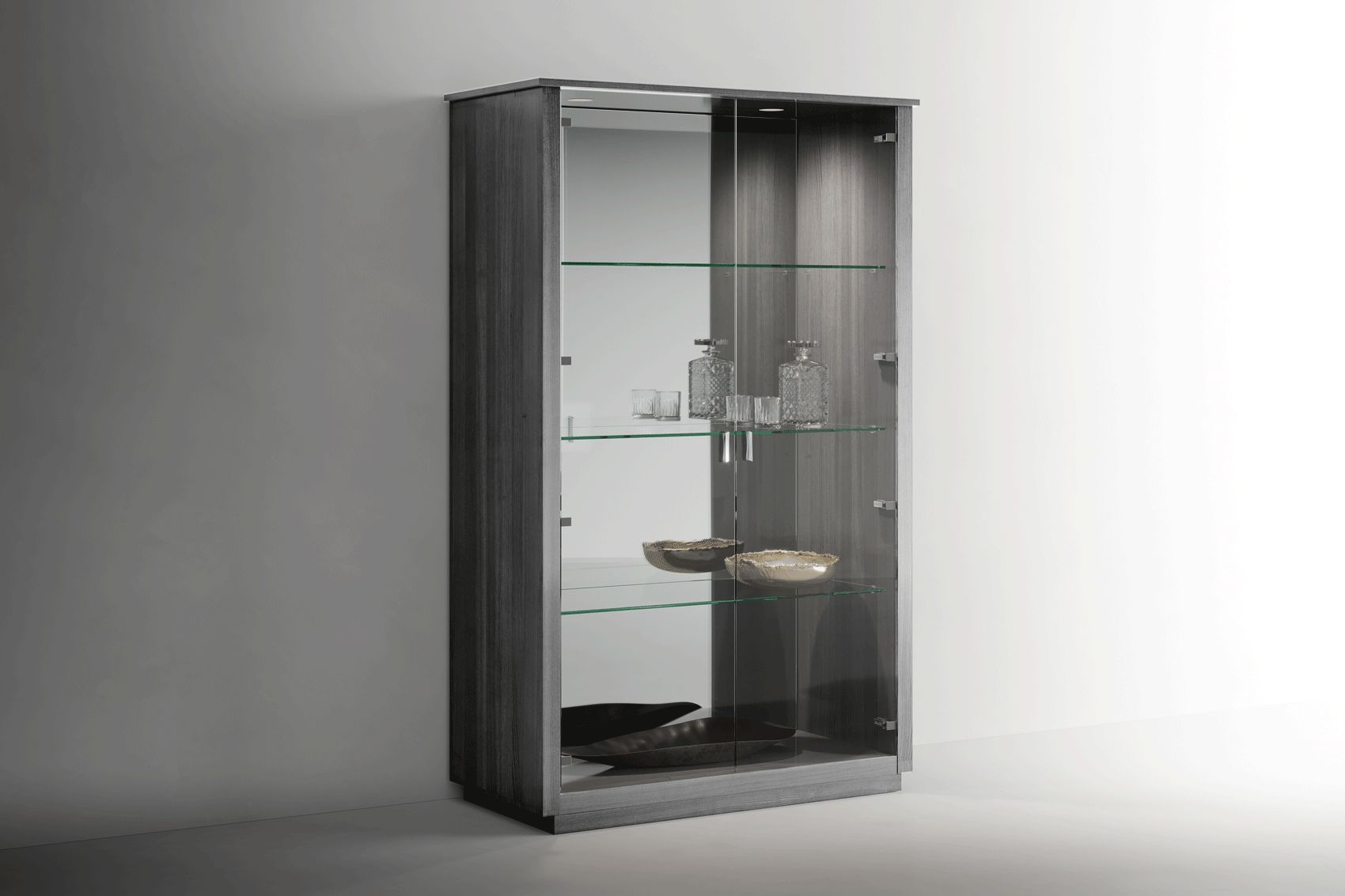 Tomasella - Vulcano 2-Door Curio Cabinet in Gray Oak/High Gloss, Wood/Glass