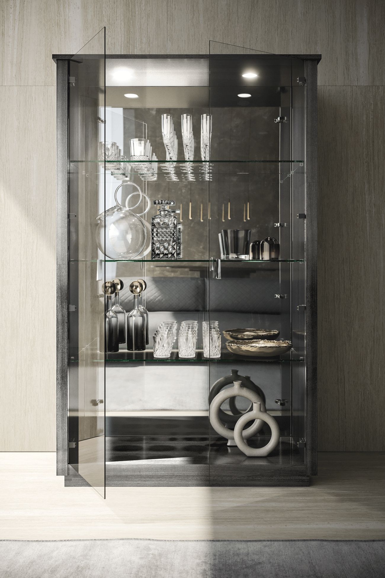 Tomasella - Vulcano 2-Door Curio Cabinet in Gray Oak/High Gloss, Wood/Glass