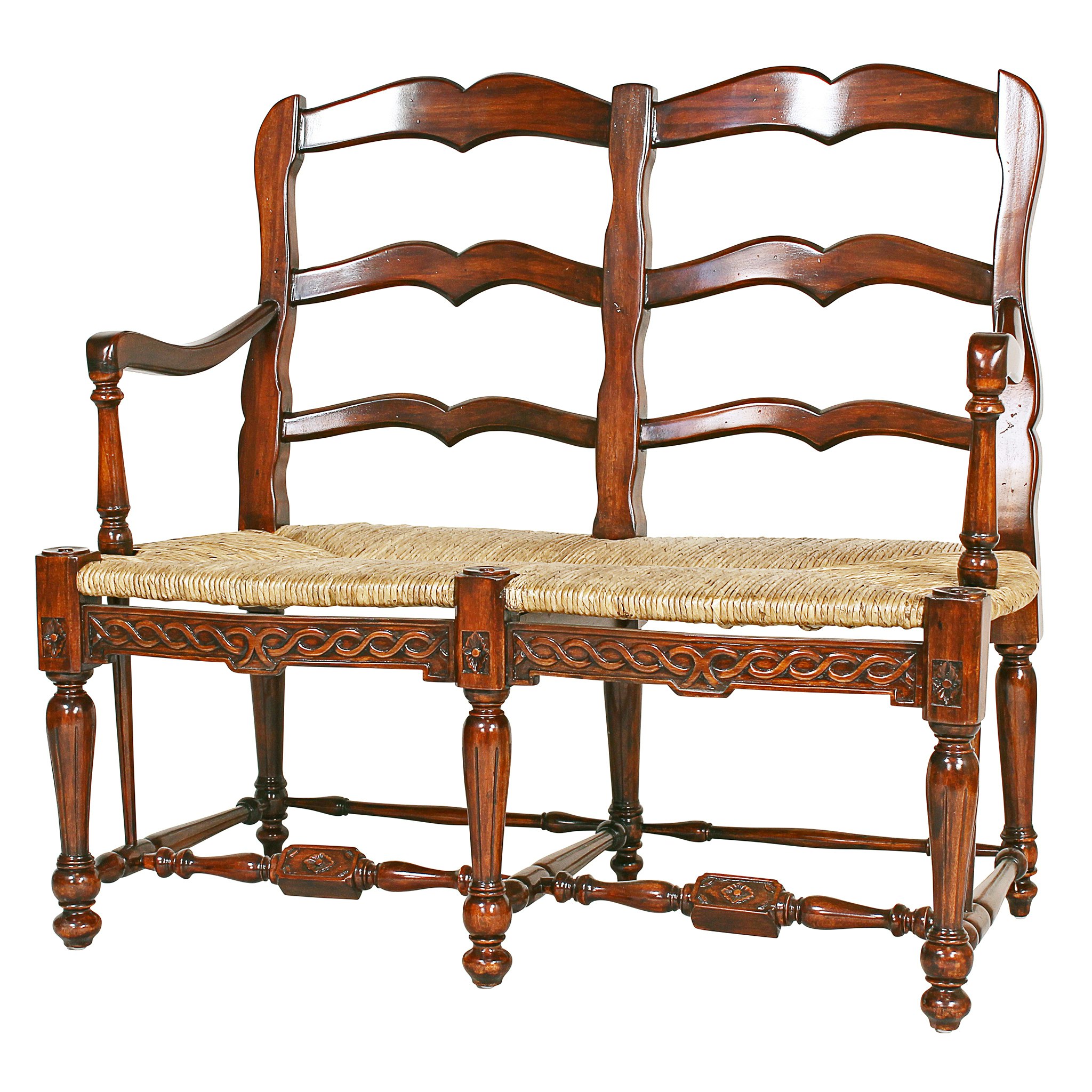 Toscano - French Provincial Settee in Brown, Woven Rush/Mahogany