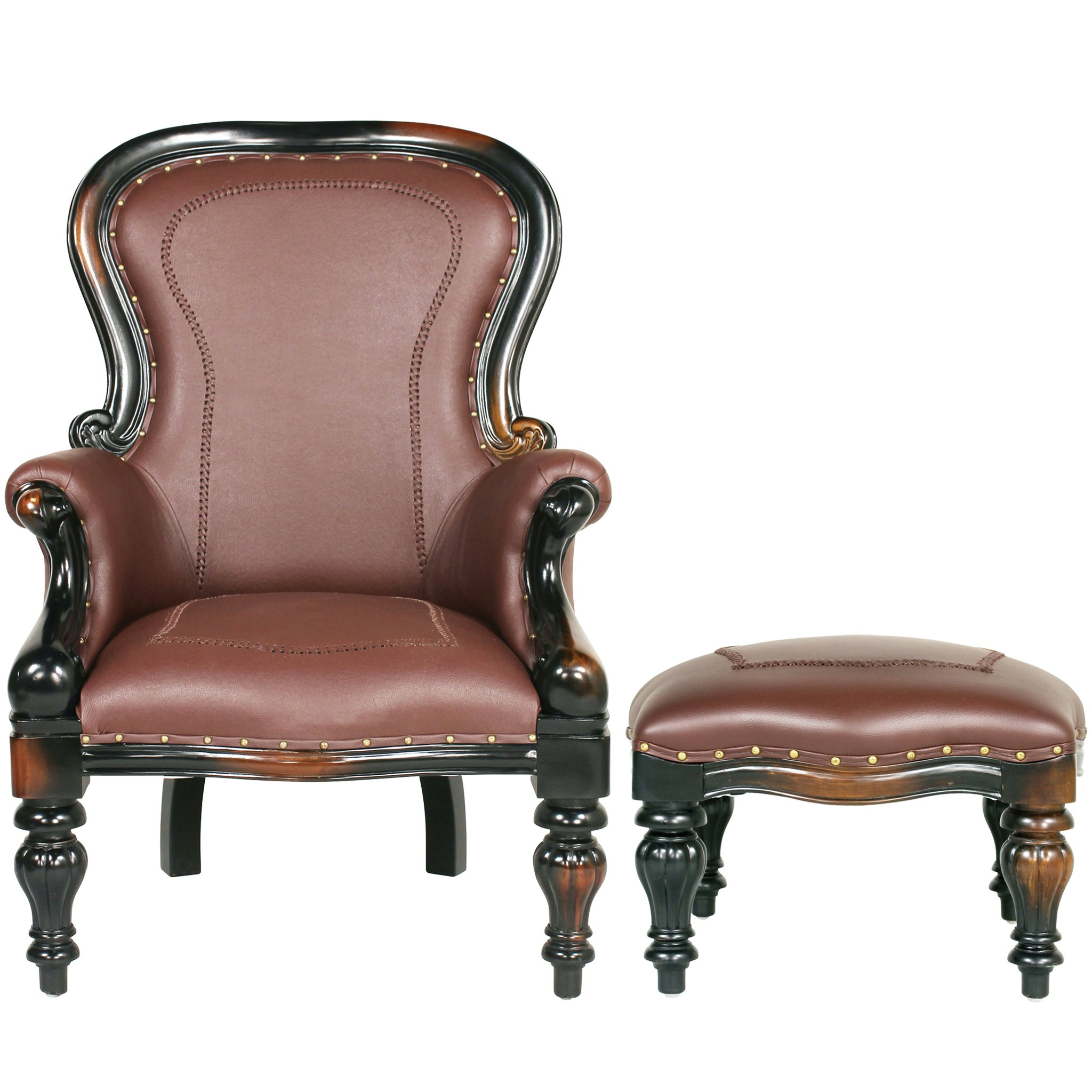 Toscano - Victorian-Style Wing Chair with Ottoman in Brown, Faux Leather