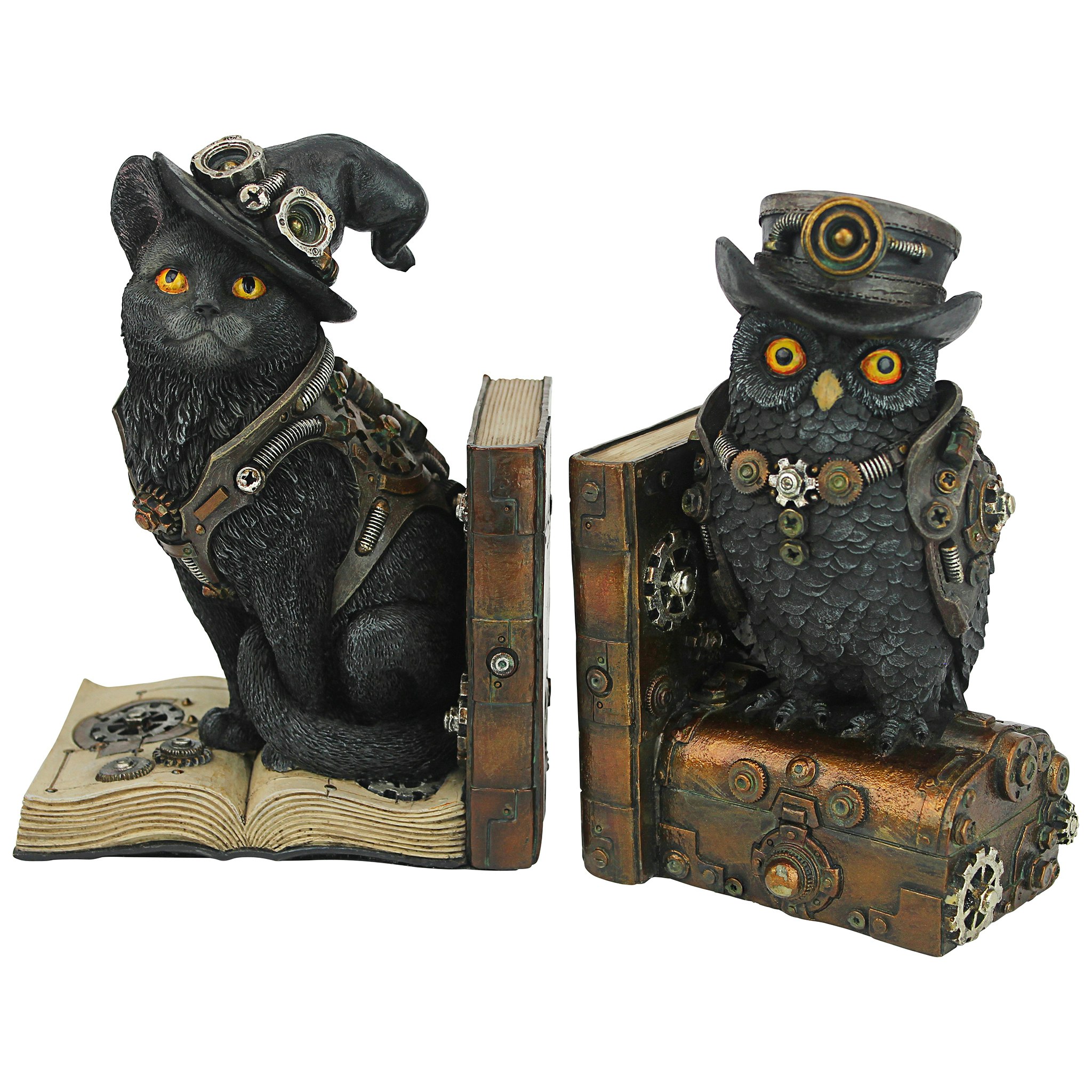 Toscano - Knowledge Seekers Steampunk Cat and Owl Sculptural Bookend Pair in Designer Resin