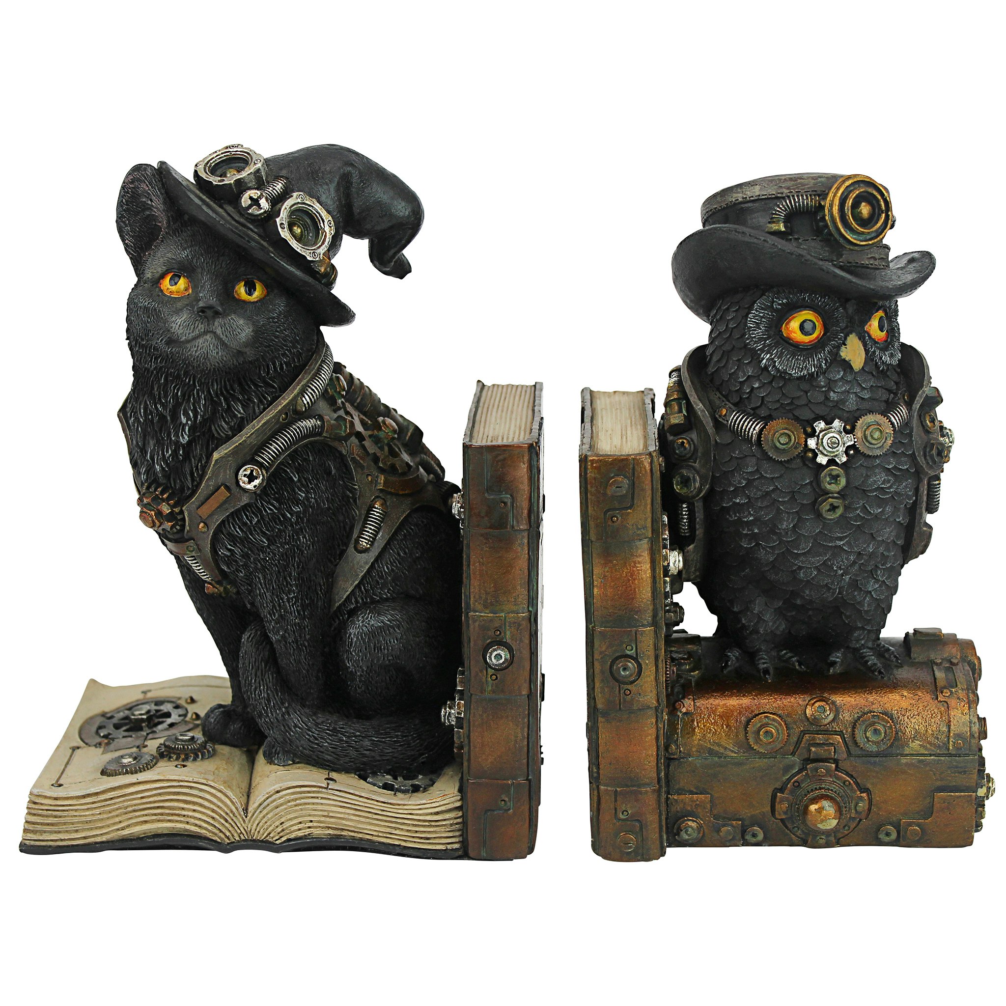 Toscano - Knowledge Seekers Steampunk Cat and Owl Sculptural Bookend Pair in Designer Resin