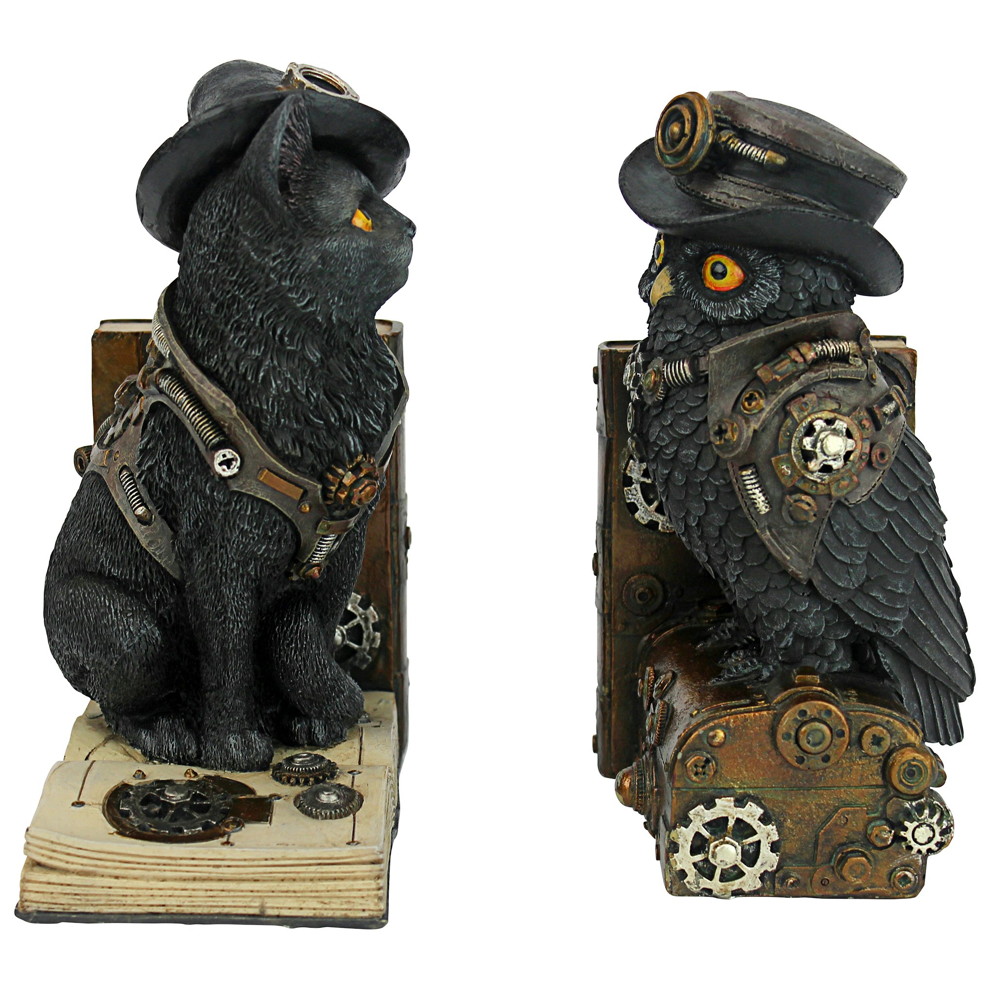 Toscano - Knowledge Seekers Steampunk Cat and Owl Sculptural Bookend Pair in Designer Resin