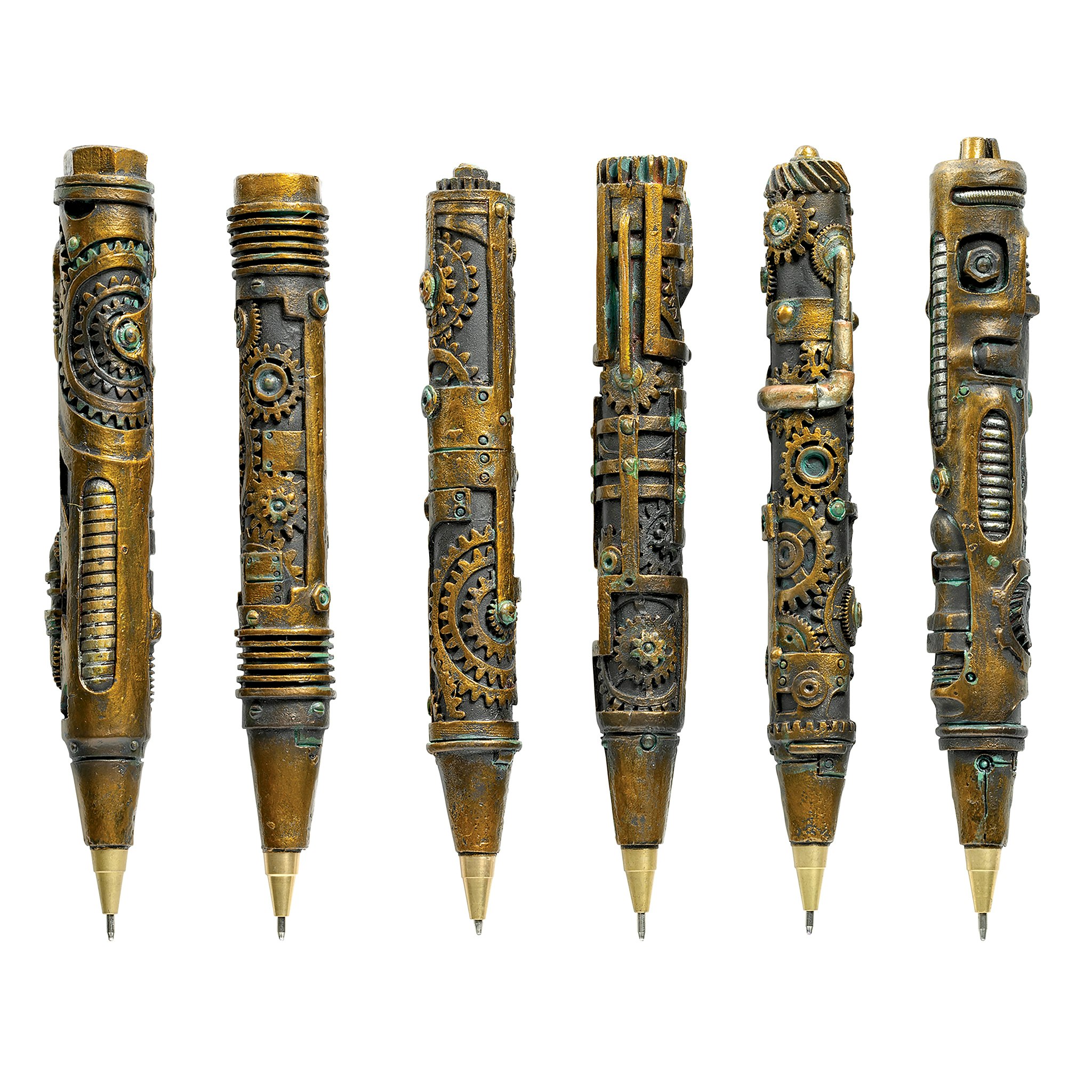 Toscano - Set of Industrial Steampunk Sculptural Ink Transport Pens with Pen Holder