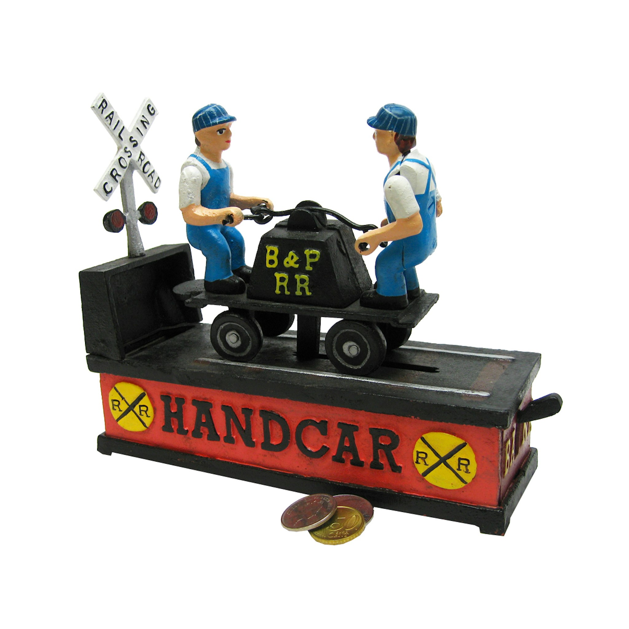 Toscano - Railroad Handcar Collectors Die Mechanical Coin Bank