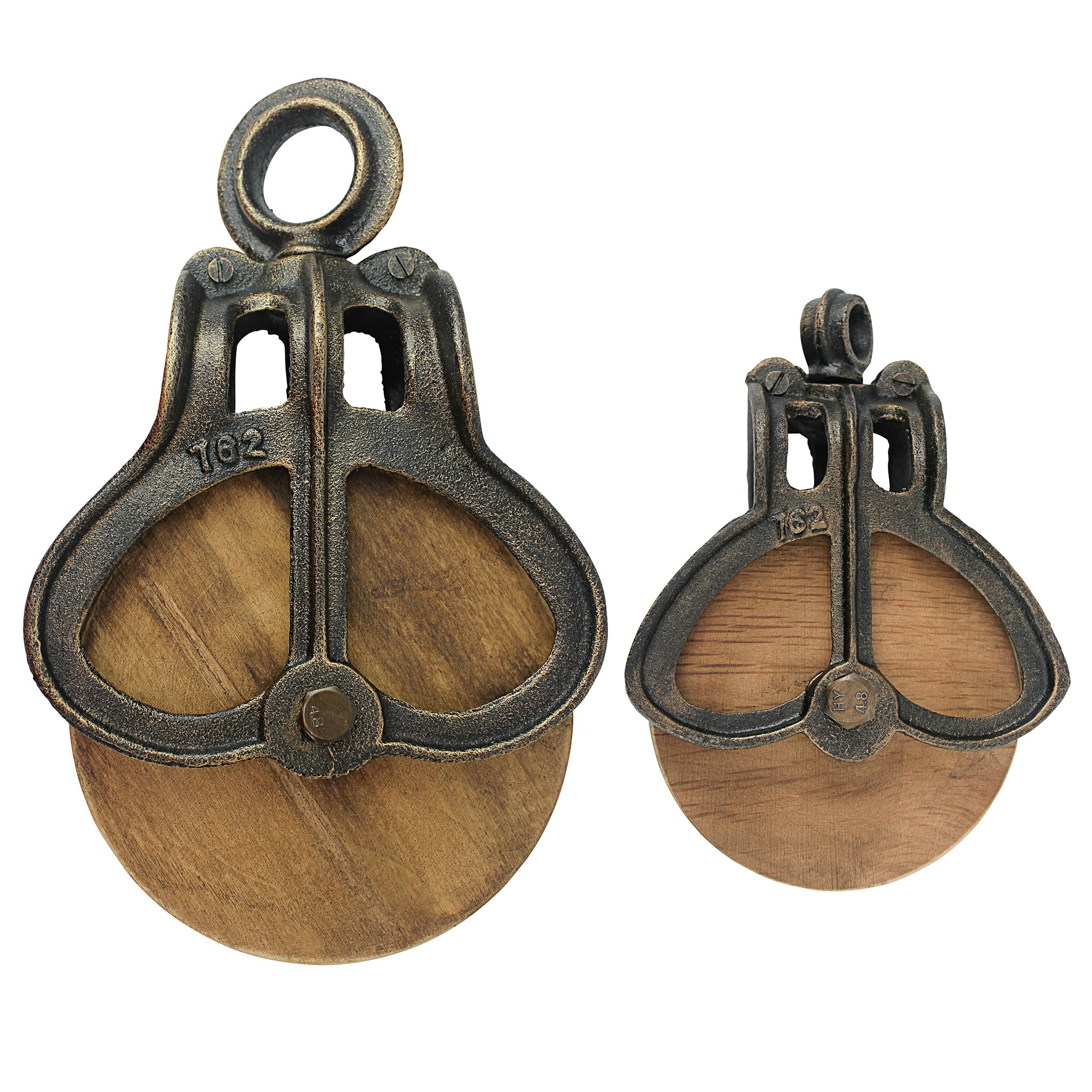 Toscano - Set of Vintage-Style Wheel Farm Pulley in Cast Iron/Wood
