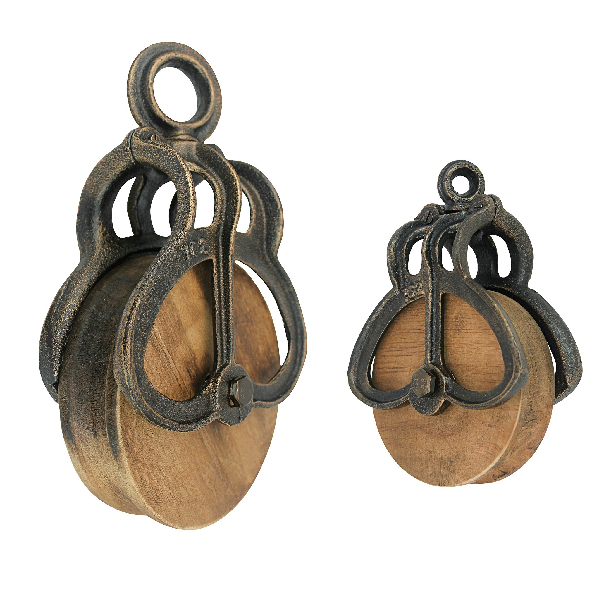 Toscano - Set of Vintage-Style Wheel Farm Pulley in Cast Iron/Wood