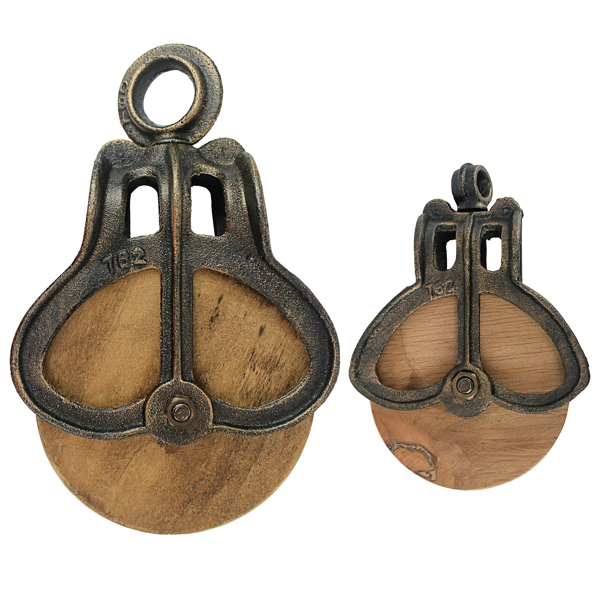Toscano - Set of Vintage-Style Wheel Farm Pulley in Cast Iron/Wood