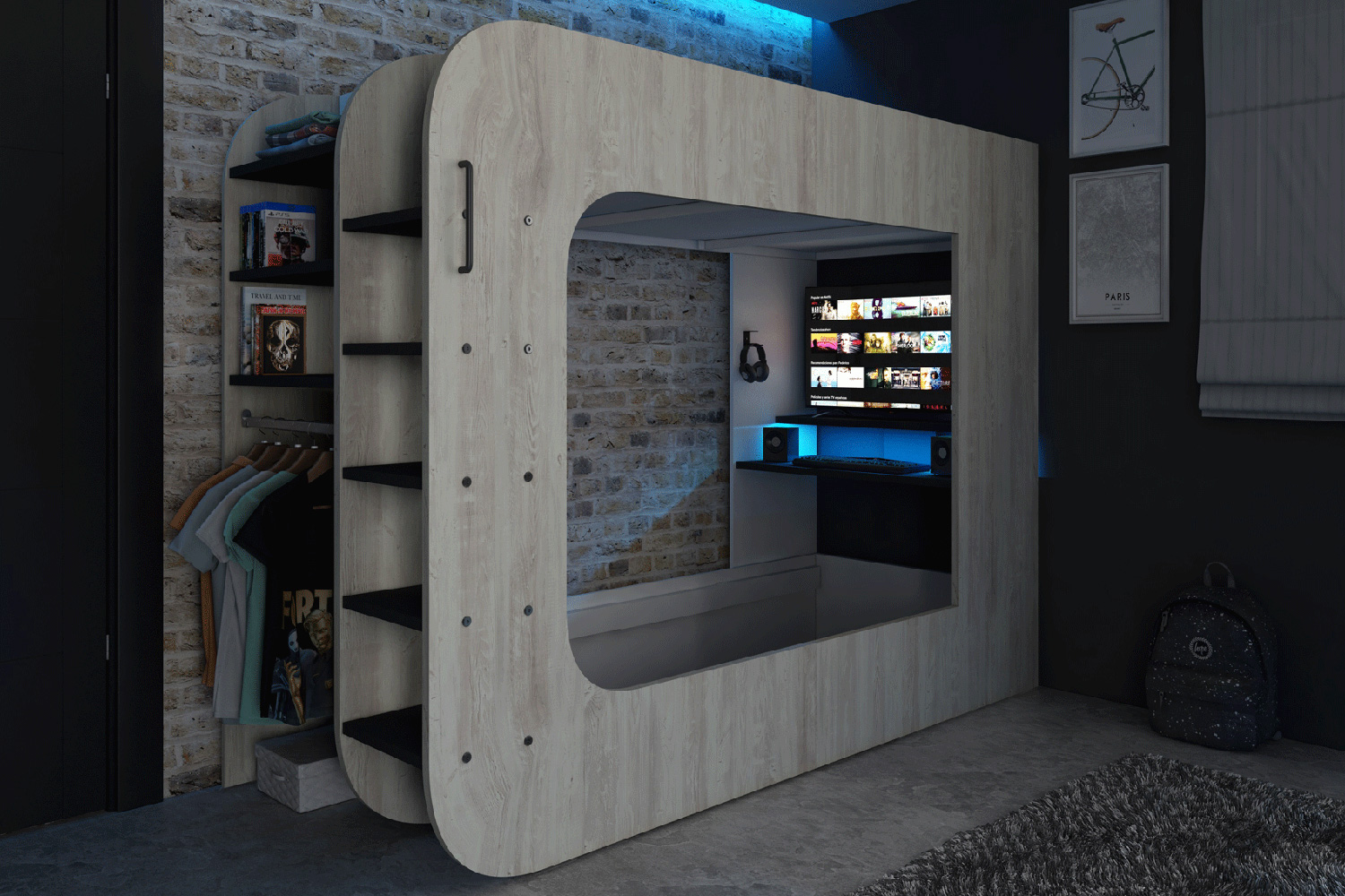Trasman Gamer Bunk Bed with Table and Shelves - Natural/Black, 90x200cm