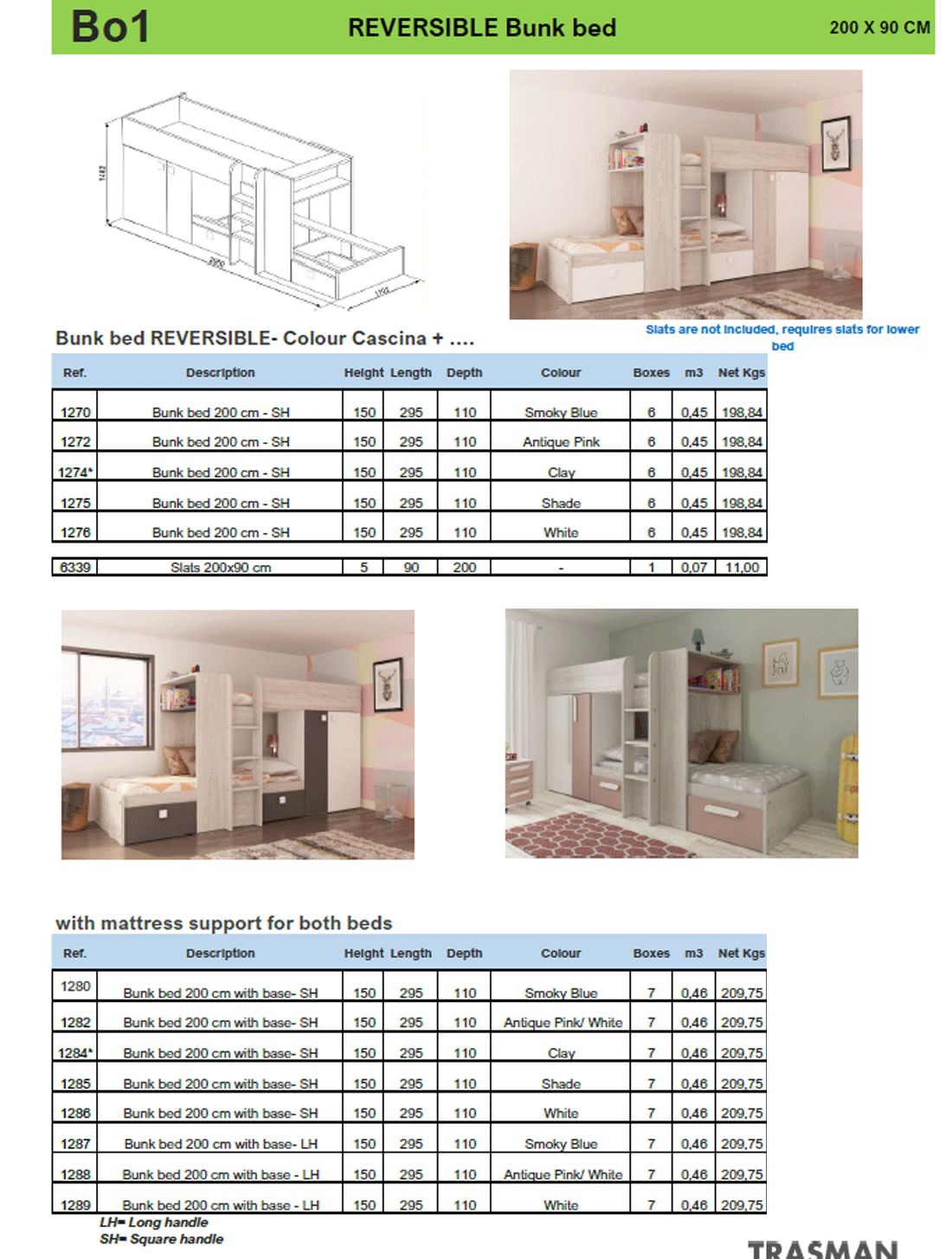 Trasman Bo 1 Reversible Bunk Bed with Drawers and Wardrobe - 90x200cm, without Supports
