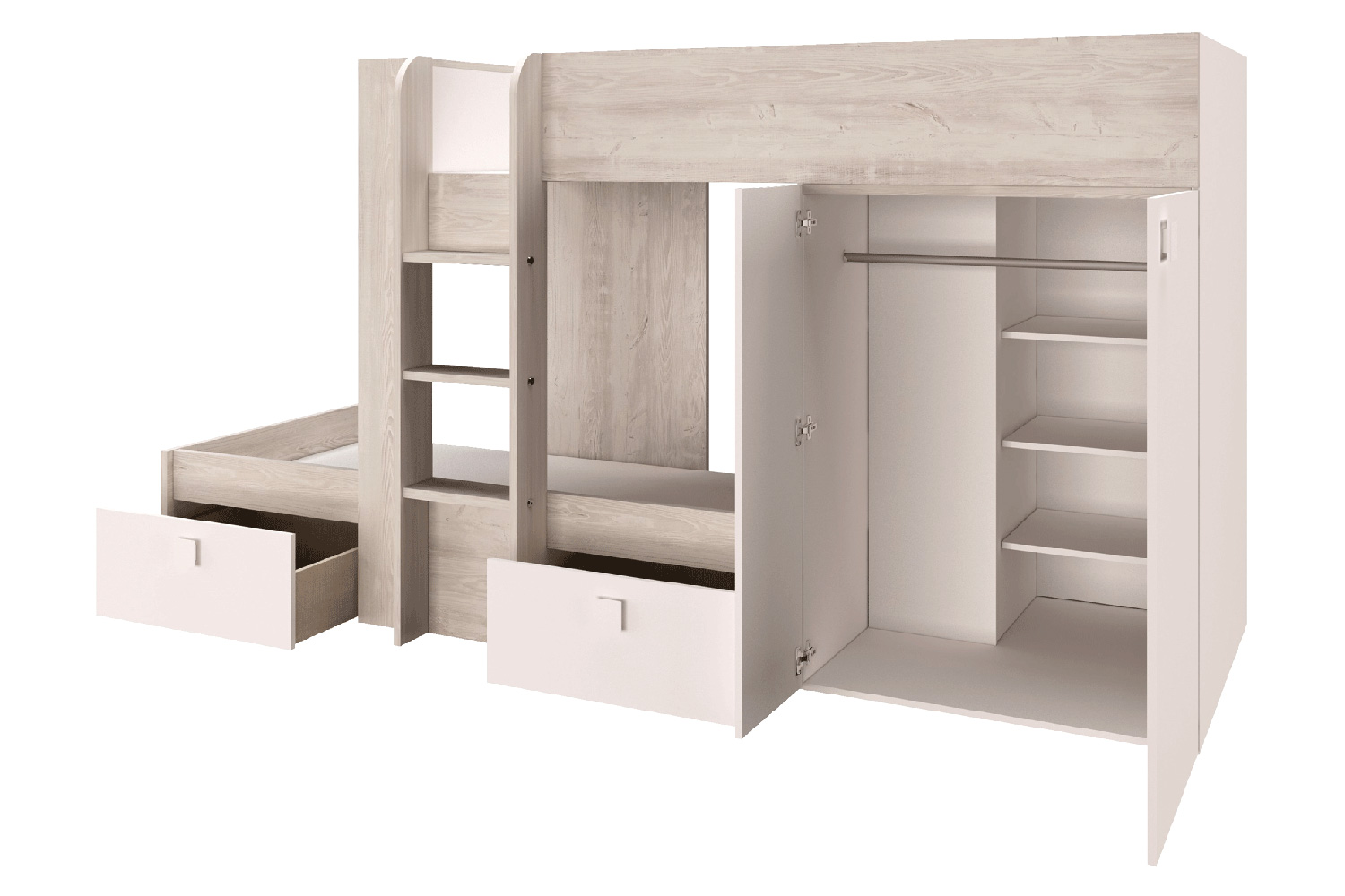Trasman Bo 1 Reversible Bunk Bed with Drawers and Wardrobe - 90x200cm, Supports Included