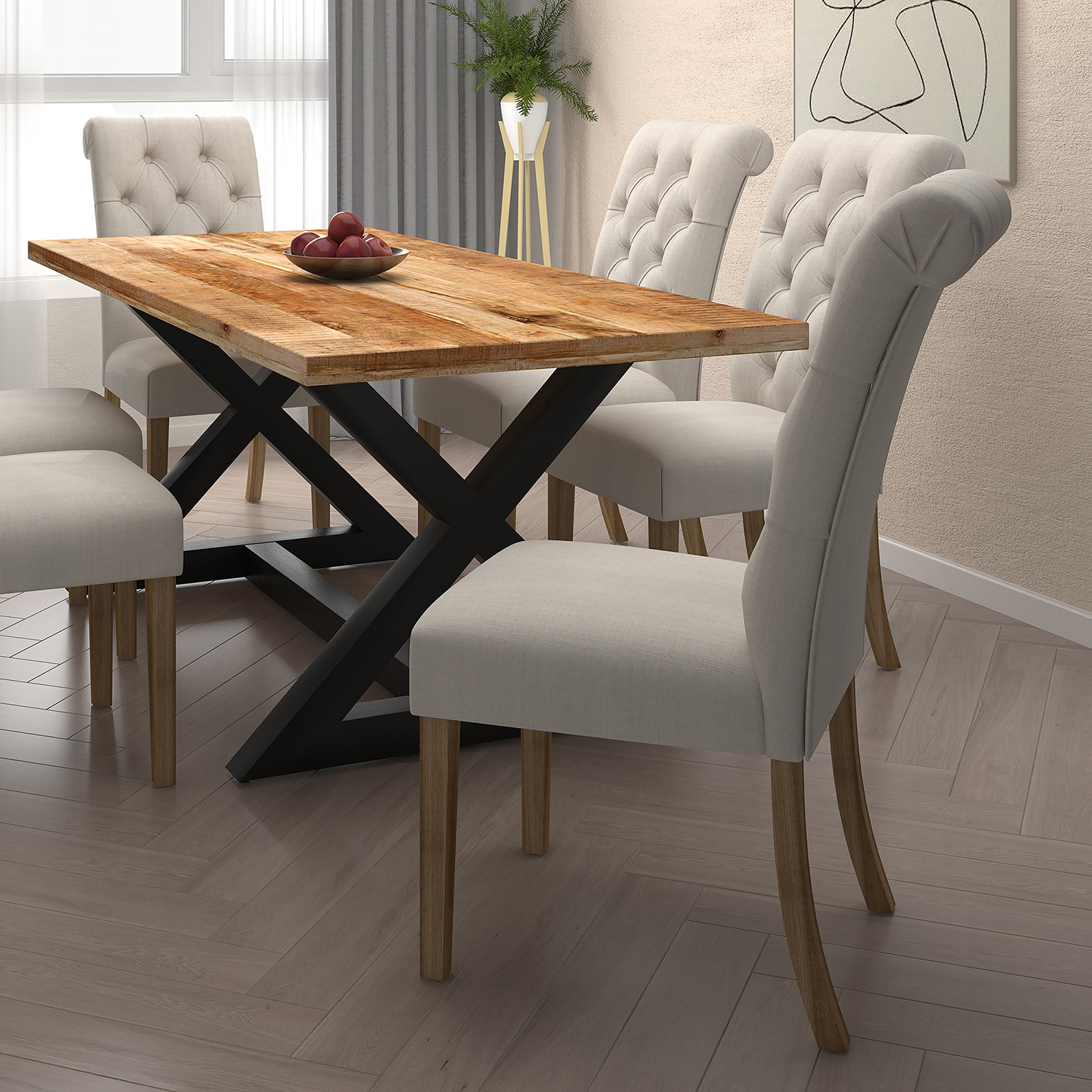 Worldwide Zax/Melia Dining Set of 7 - Natural Table/Beige Chair