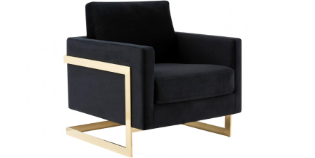 LeisureMod™ Lincoln Velvet Accent Armchair with Gold Frame - Midnight Black